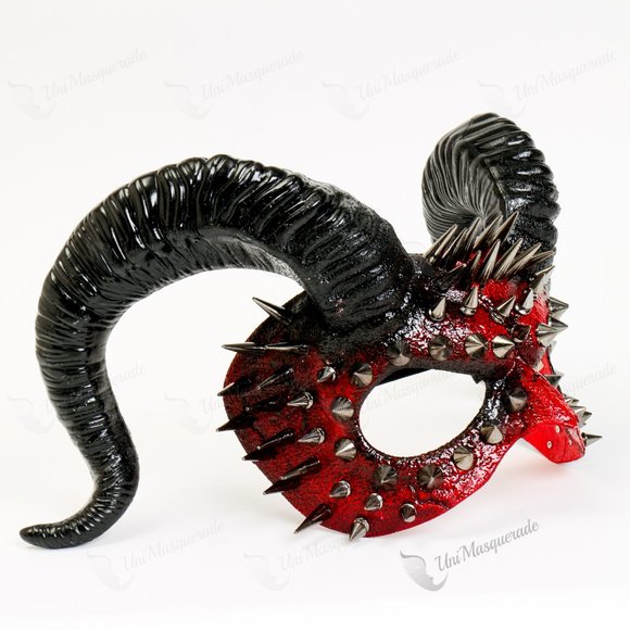 Red Face Steampunk Demon Silver Spikes with Black Horns Halloween Masquerade - Picture 2 of 3